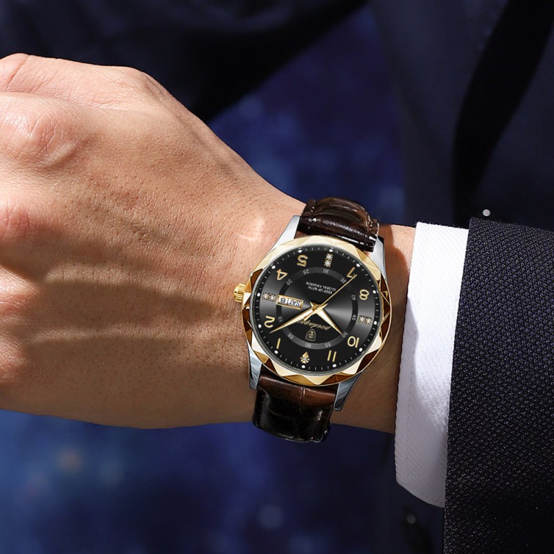Trendy waterproof watch. Men's fully automatic mechanical watch with dual calendars, quartz movement and luminous function, a wristwatch